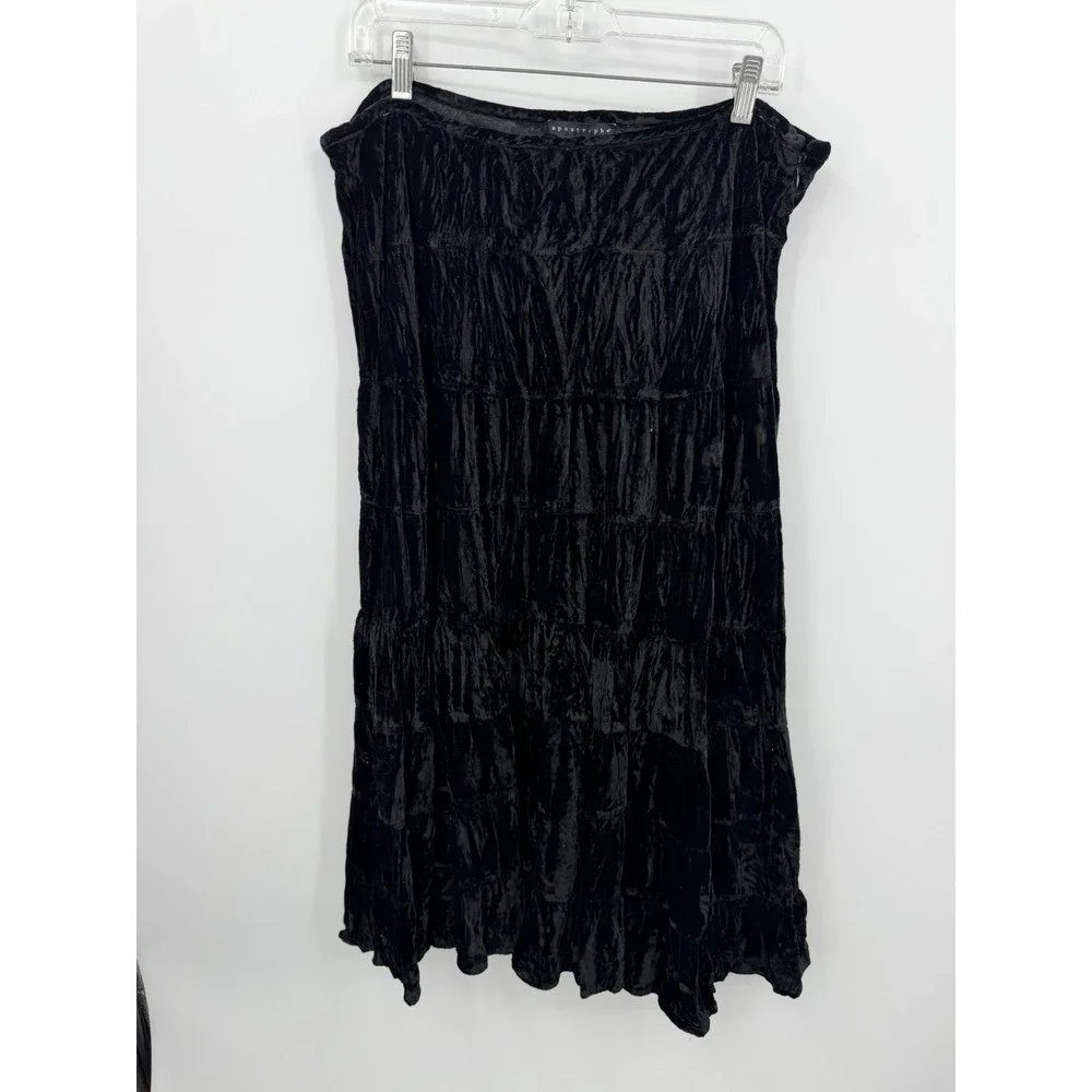 Apostrophe Crushed Velvet Tiered Skirt Womens‎ XL Black Midi Boho Whimsigoth